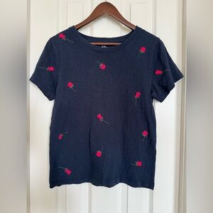 J. Crew Navy Tee with Pink Rose Embroidery